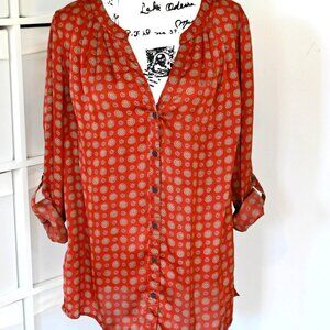 Roz + Ali Blouse 1XL Copper Print Roll Tab Sleeves Elegant Work Career V-neck